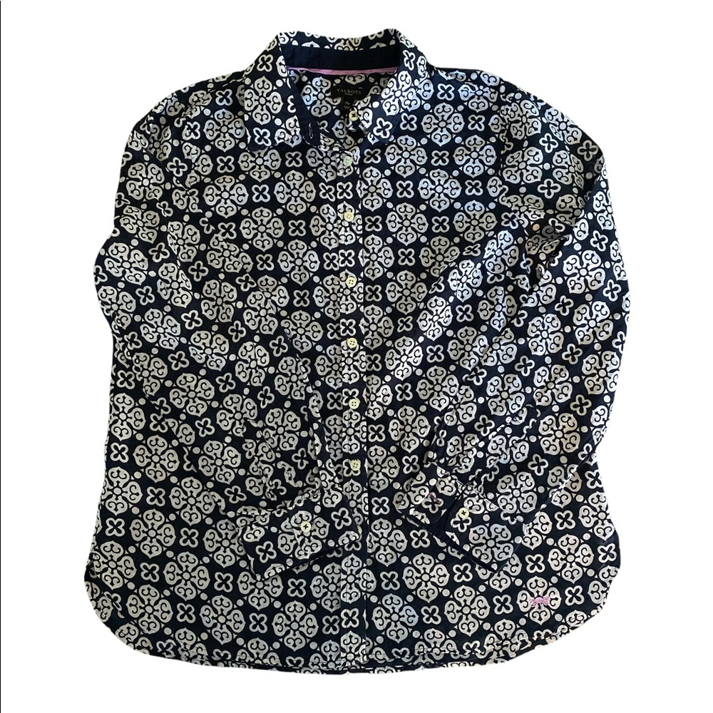 Talbots Petites Navy Blue White Pattern Ling Sleeve Button Shirt Blouse A